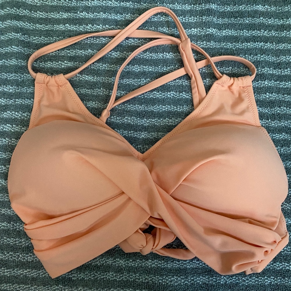 Top Peach Pink Tie Back Double Strap Moulded cup Stripe Bikini Bottoms
